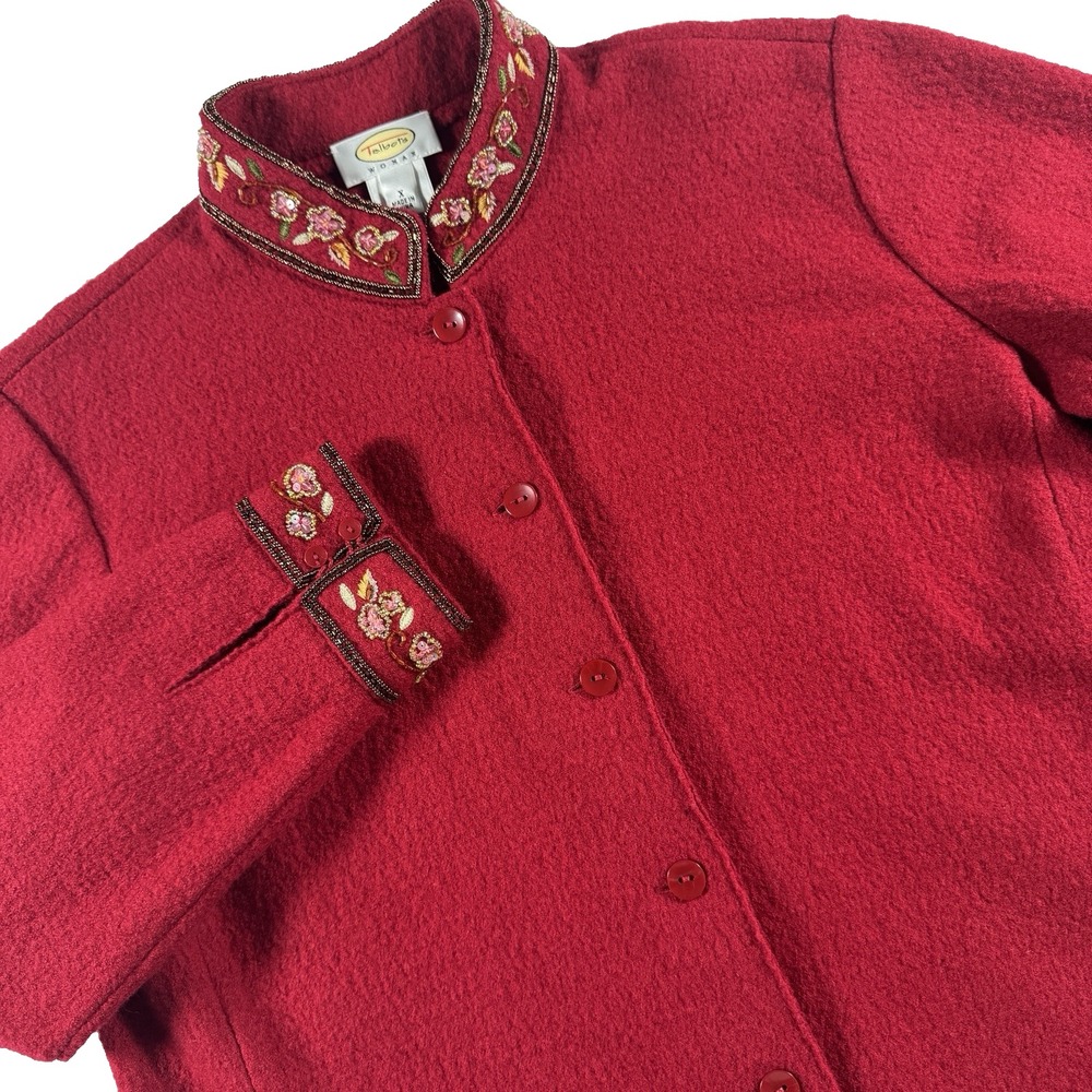 Talbots‎ Boiled Wool Jacket Women X Red Floral Beaded Sequin Mandarin Collar